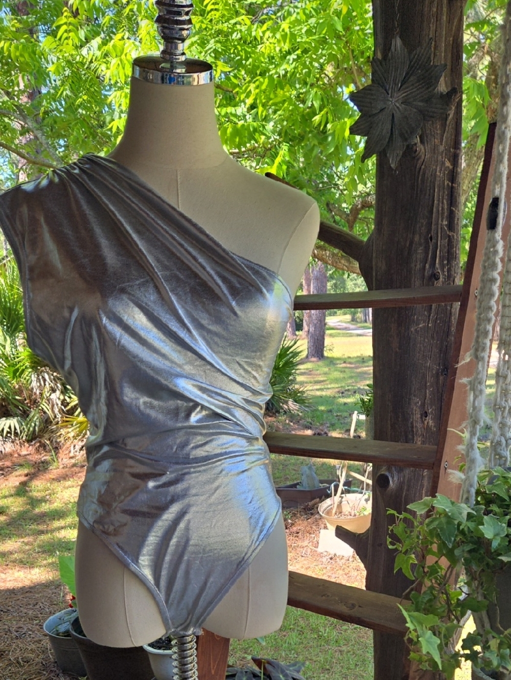 Shein Metallic Silver Cheeky One Shoulder Bodysuit Size Large